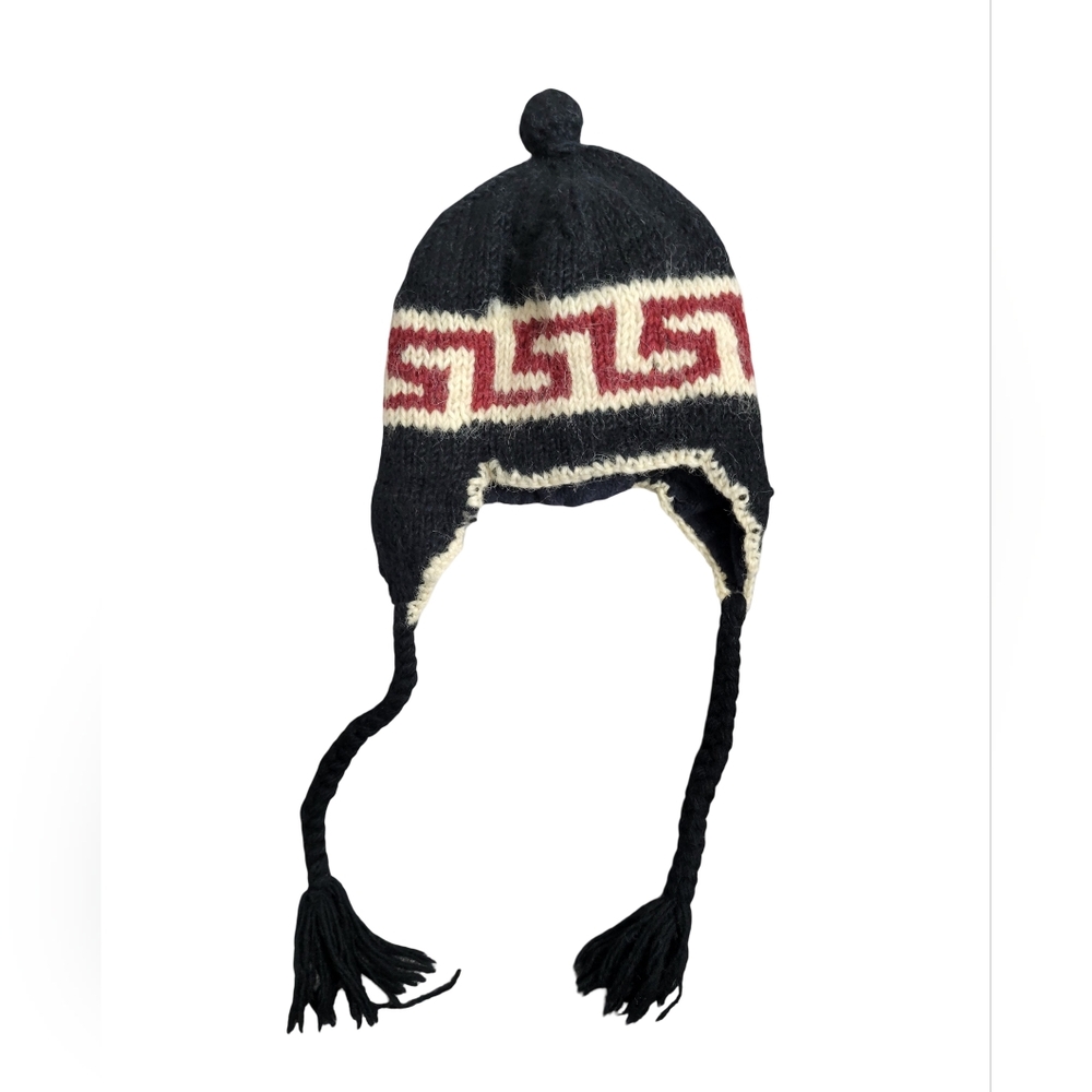 Black Knit Earflap Beanie with Red & Cream Pattern (100% WOOL)